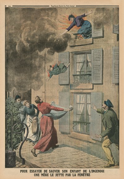 Versuch, ihr Kind vor dem Feuer zu retten, eine Mutter wirft es durch das Fenster (Illustration von 